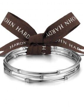$795 John Hardy Sterling Silver Bamboo Bangle 3 Bracelet Set 7.5"